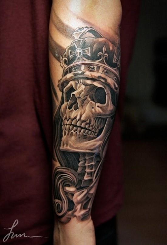 Black And Grey 3D Queen Skeleton Tattoo On Forearm By Jun Cha