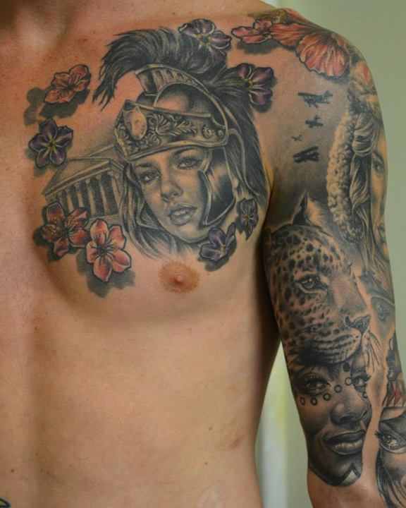 Black And Grey Greek Girl With Flowers Tattoo On Man Chest By Lauren Fenlon