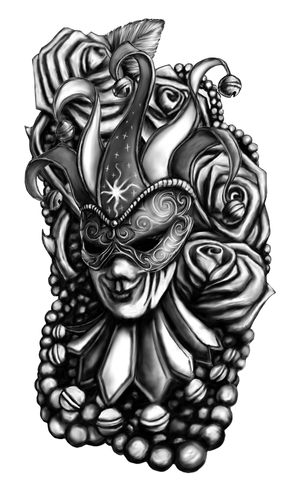 Black And Grey Mardi Gras With Roses Tattoo Design By Lewis Brown