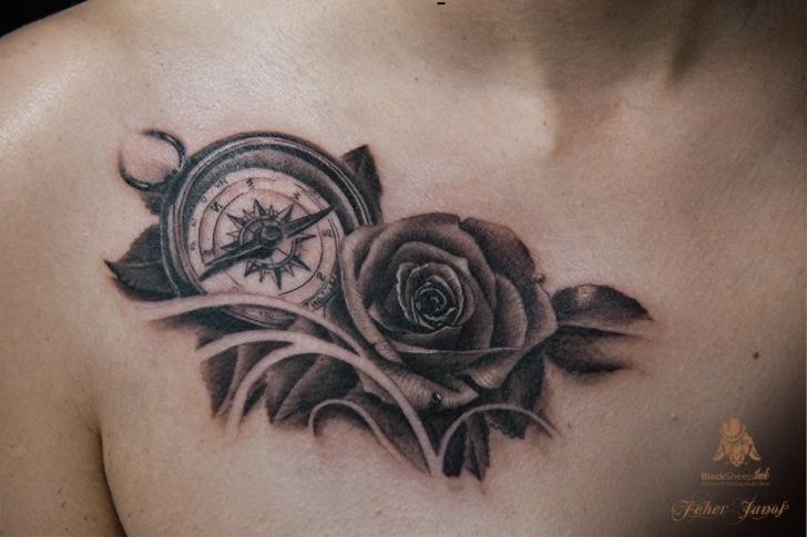 Black And Grey Rose With Compass Tattoo On Right Front Shoulder
