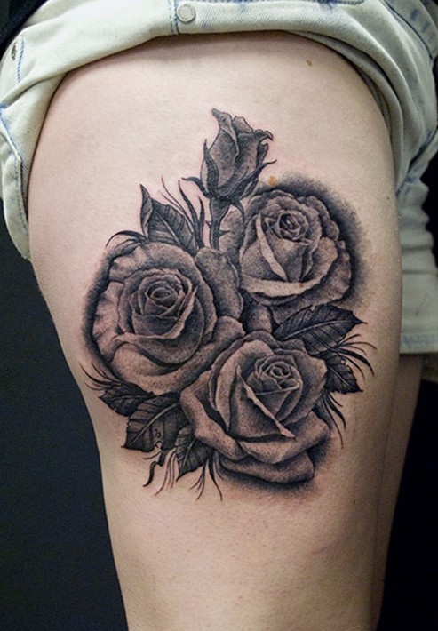 Black And Grey Roses Tattoo On Right Side Thigh