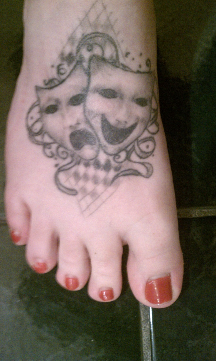 Black And Grey Two Mardi Gras Mask Tattoo On Girl Foot