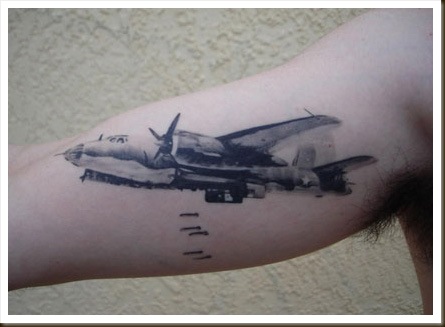Black And Grey US Army Airplane Tattoo On Half Sleeve