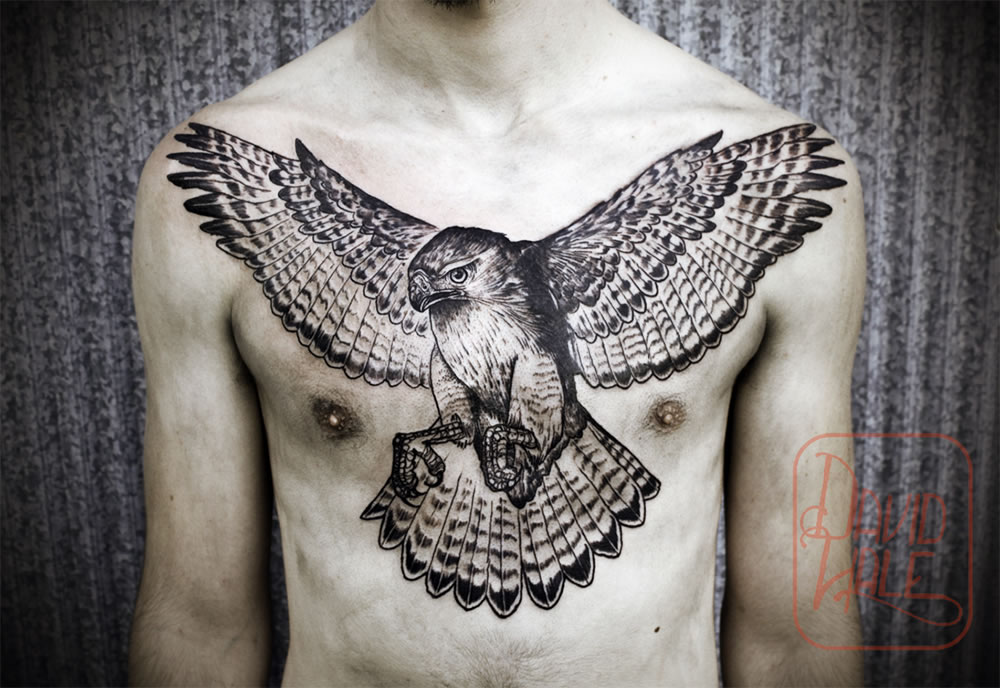 Black Flying Hawk Tattoo On Man Chest