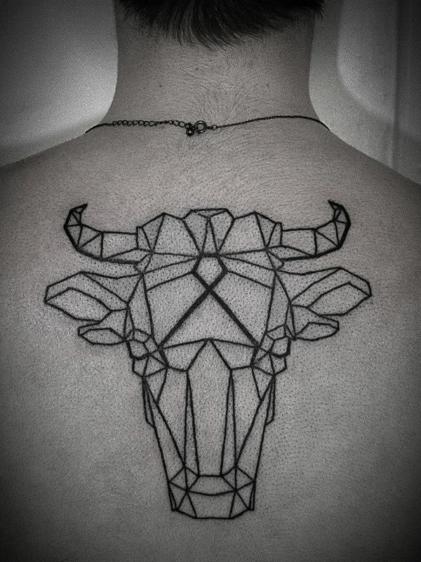 Black Geometric Taurus Head Tattoo On Man Upper Back