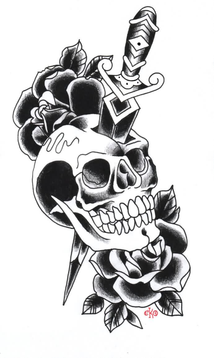 Black Ink Dagger In Skull With Two Roses Tattoo Design