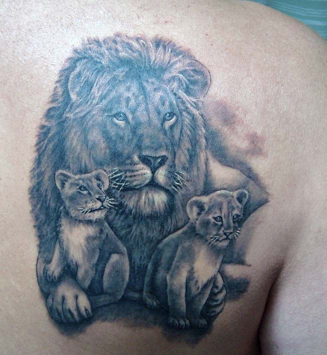 Black Ink Lion With Cubs Tattoo On Right Back Shoulder