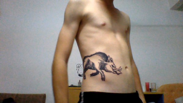 Black Ink Pig Tattoo On Man Side Rib By Jordan Hanrahan