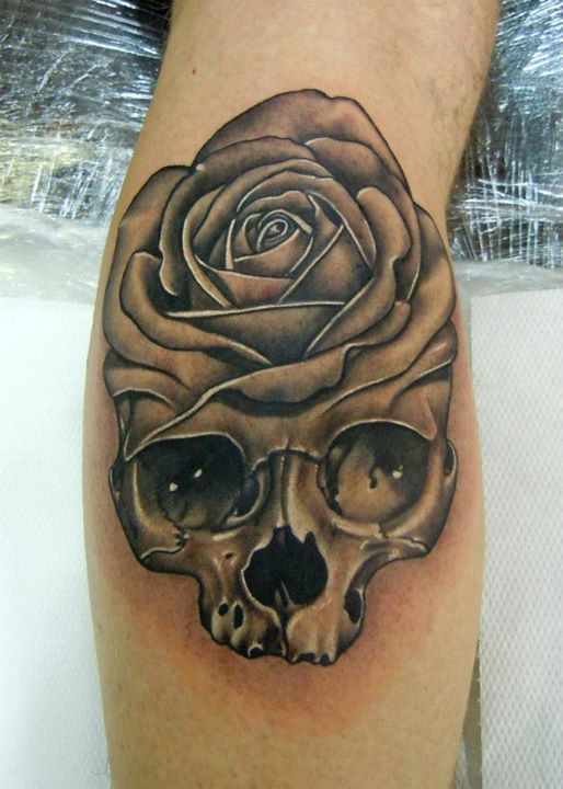 Black Ink Rose Head Skull Tattoo Design