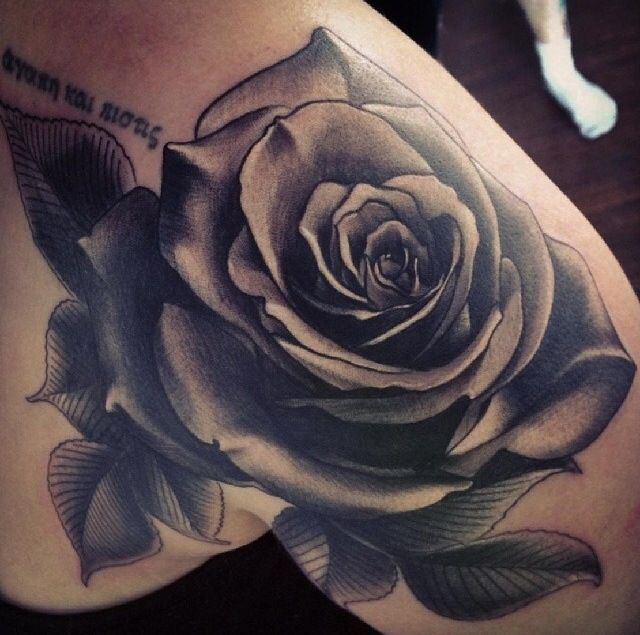 Black Ink Rose Tattoo On Shoulder