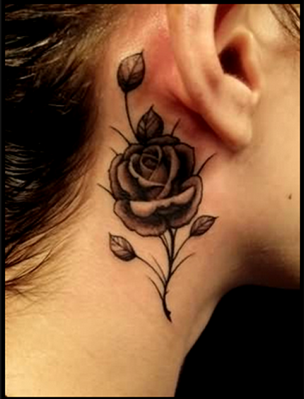 Black Ink Rose Tattoo On Side Neck