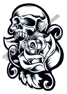 Black Ink Skull With Rose Tattoo Design