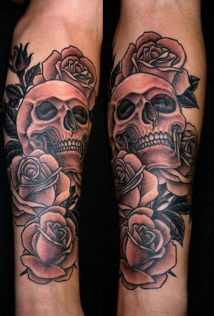 Black Ink Skull With Roses Tattoo Design For Forearm