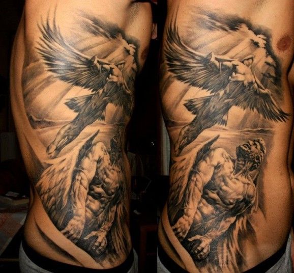 Black Ink Two Greek Angel Tattoo On Side Rib