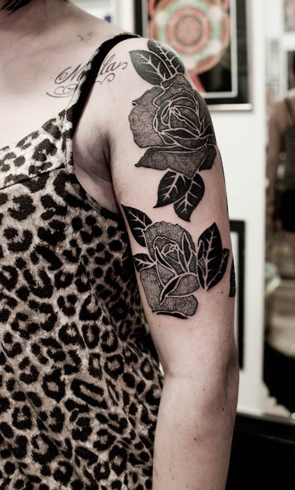 Black Ink Two Roses Tattoo On Left Half Sleeve