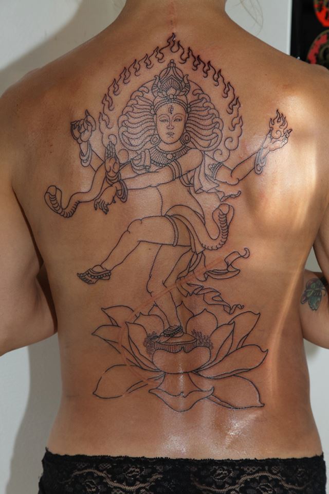 Black Outline Natraj On Lotus Tattoo On Full Back
