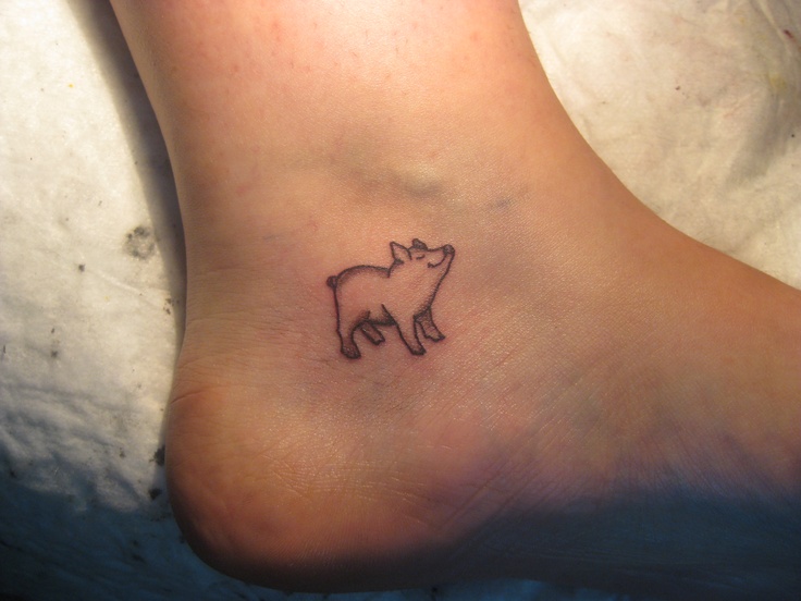 Black Outline Pig Tattoo On Ankle