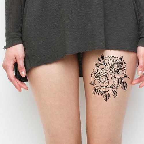 Black Outline Two Roses Tattoo On Girl Thigh