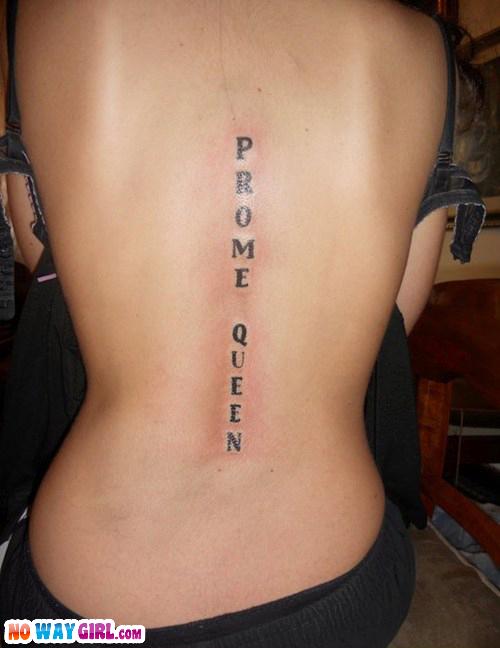 Black Prome Queen Wording Tattoo On Girl Full Back