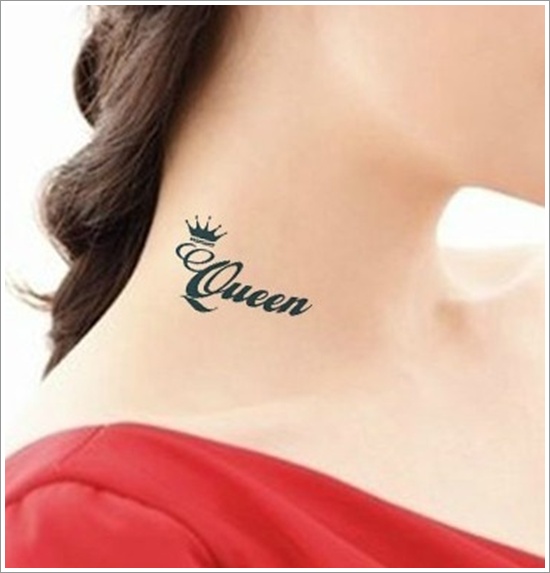 Black Queen Lettering With Crown Tattoo On Girl Side Neck