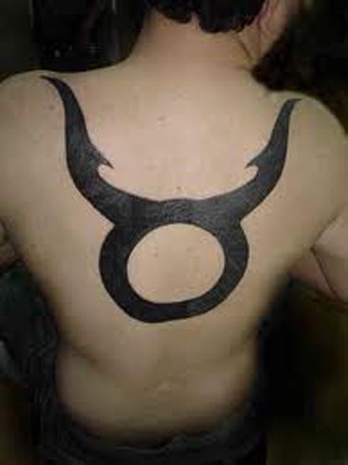 Black Taurus Symbol Tattoo On Man Back