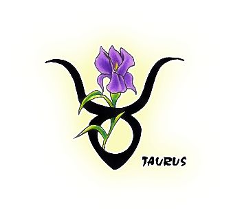 Black Taurus Symbol With Purple Flower Tattoo Design