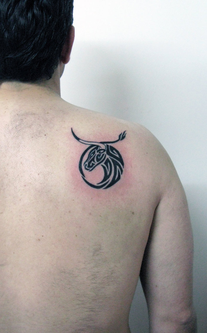 Black Tribal Taurus Head Tattoo Right Back Shoulder By Nick Fox