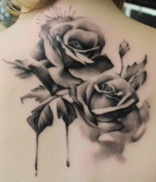 Black Watercolor Two Roses Tattoo On Upper Back