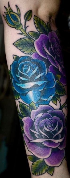 Blue And Purple Roses Tattoo On Forearm