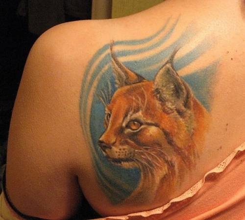 Bobcat Head Tattoo On Left Back Shoulder