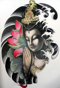 Colorful Buddha with praying hands tattoo design