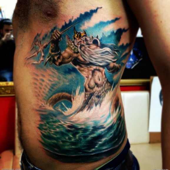 Colorful Greek God Tattoo On Man Side Rib