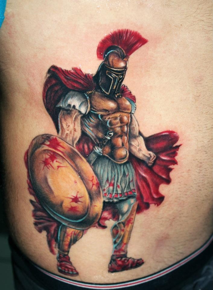 Colorful Greek Spartan Tattoo Design For Side Rib By Kostas Baronis