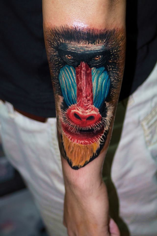 Colorful Mandrill Tattoo On Arm by Alan Ramirez