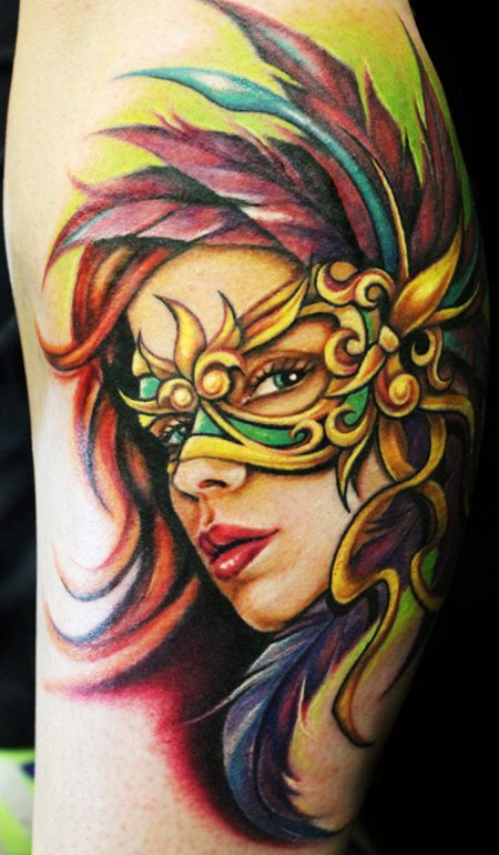 Colorful Mardi Gras Girl Head Tattoo Design