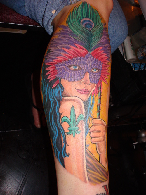 Colorful Mardi Gras Girl Tattoo On Leg