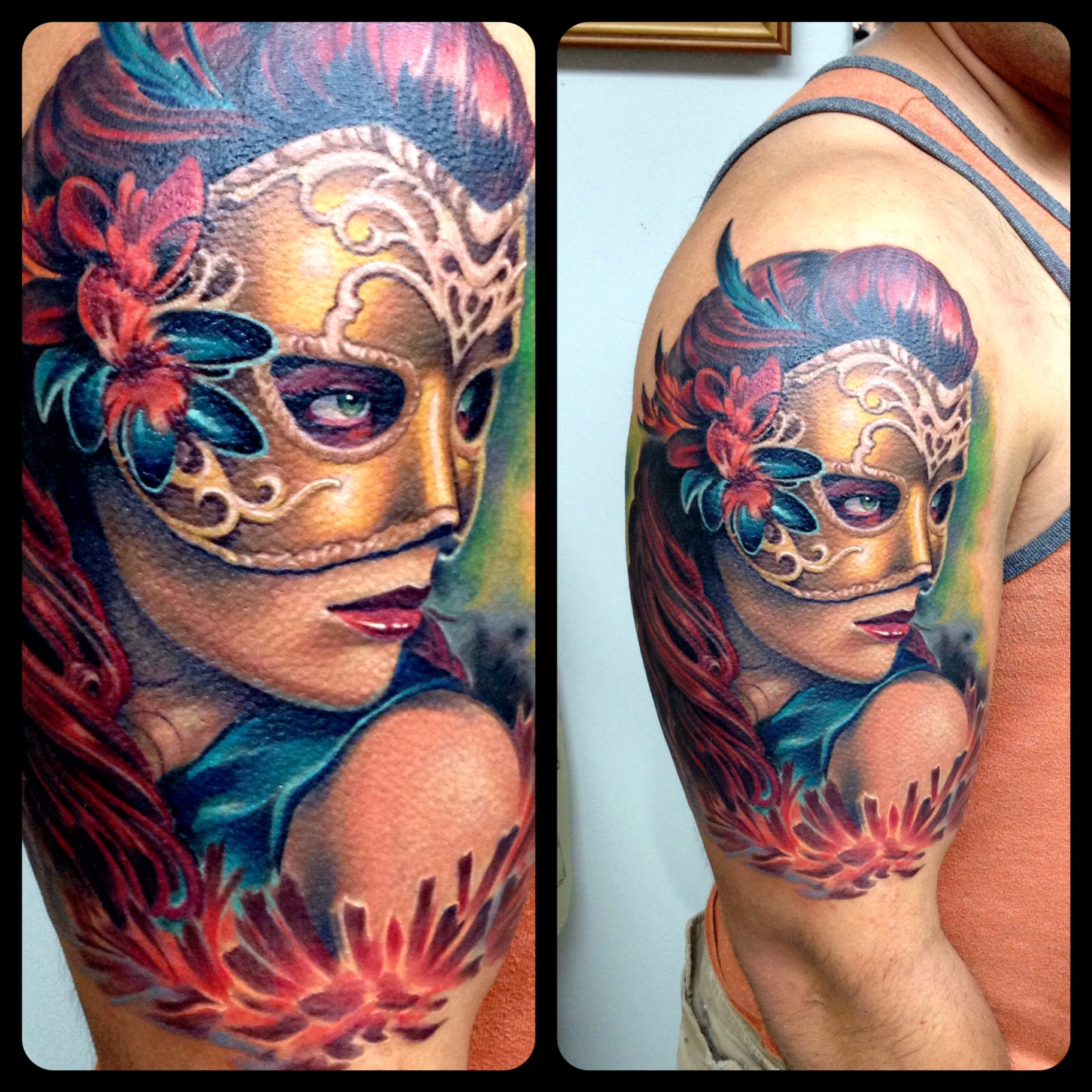 Colorful Mardi Gras Girl Tattoo On Right Half Sleeve By Andy Chambers