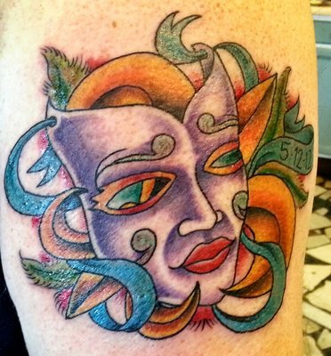 Colorful Mardi Gras Mask With Ribbon Tattoo Design