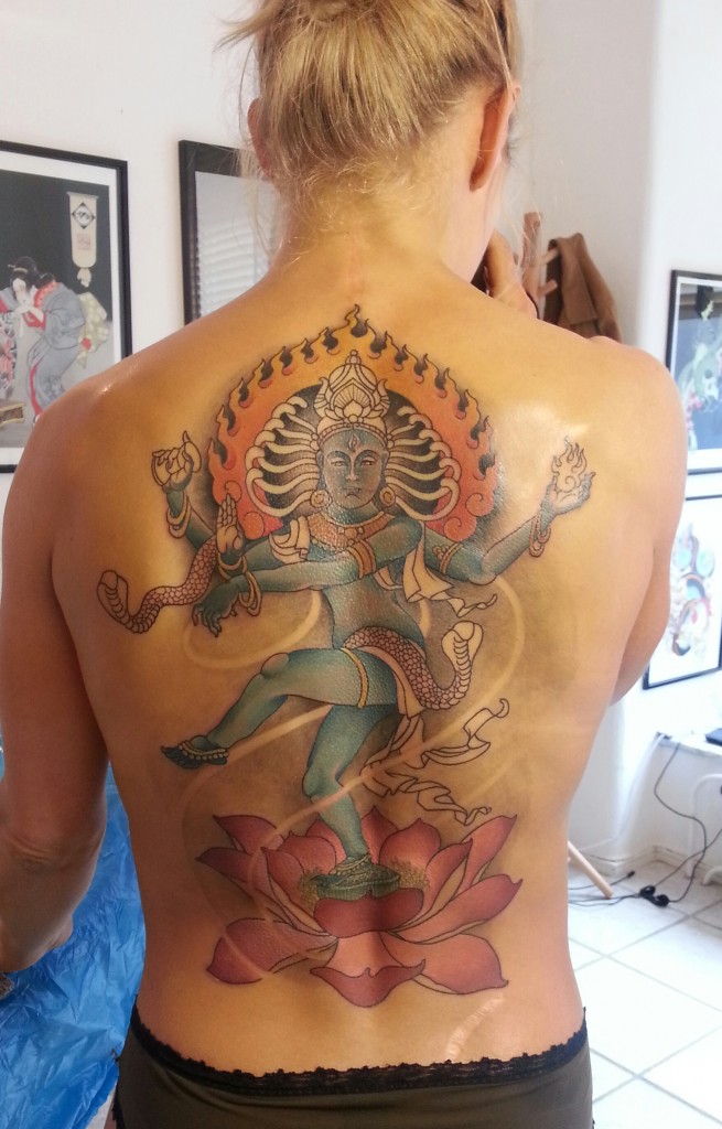 Colorful Natraj On Lotus Tattoo On Girl Full Back