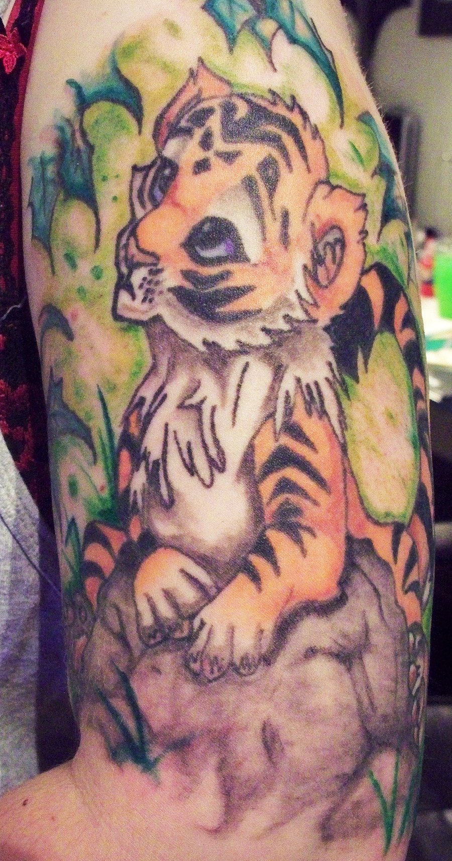 Colorful Tiger Cub Tattoo On Half Sleeve By Scribble Scribble
