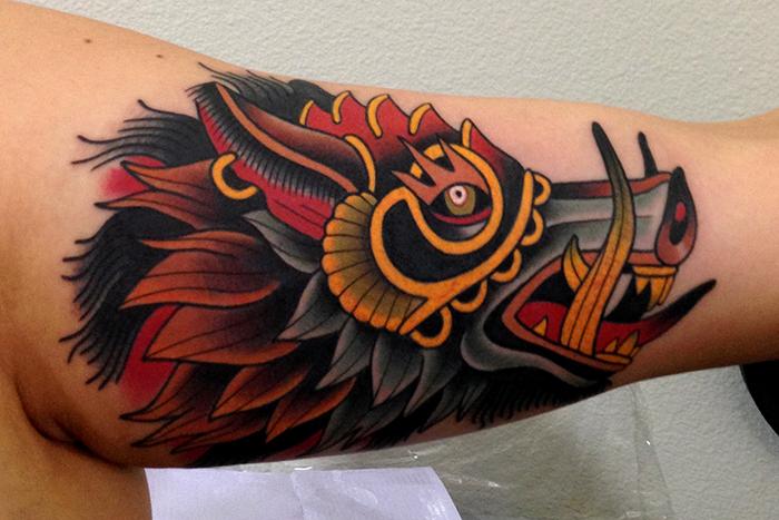 Colorful Traditional Pig Face Tattoo Design For Bicep