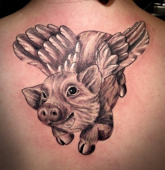 Cute Pig With Wings Tattoo Design For Upper Back