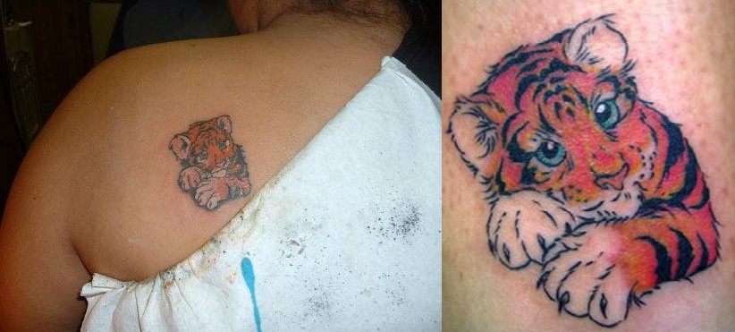 Cute Tiger Cub Tattoo On Left Back Shoulder