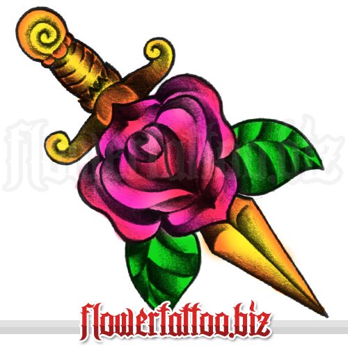 Dagger In Pink Rose Tattoo Design