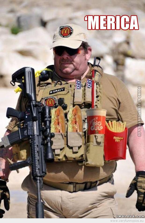 Funny American Soldier With Fast Food