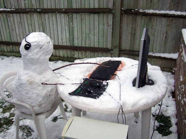 Funny Snowman Operating Computer