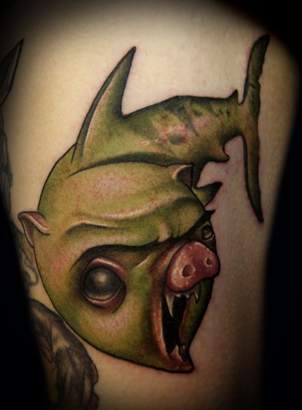 Green Pig Face Fish Tattoo Design