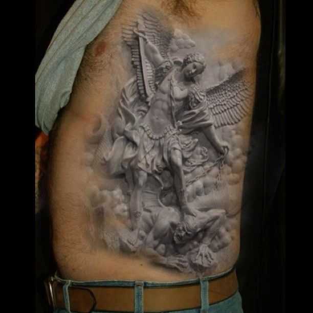Grey Ink 3D Greek Angel Tattoo On Man Side Rib