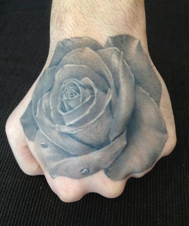 Grey Ink 3D Rose Tattoo On Hand By Meehow