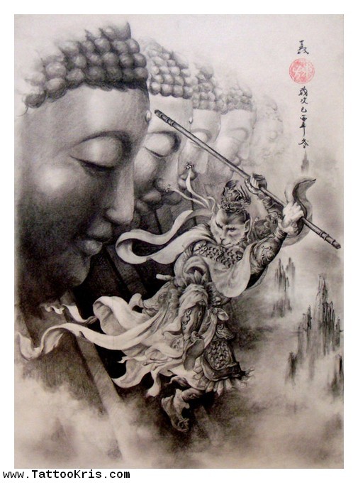 Grey Ink Buddha Tattoo Design